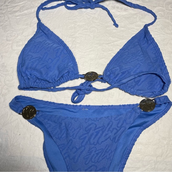 FUBU Swim Set Textured Logo Print Metal Decal Halter Triangle Suit Bikini Small - Picture 13 of 13
